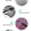 A product detail graphic showing features like excellent texture, HD giclee print, anti-scratch protection, and waterproof qu