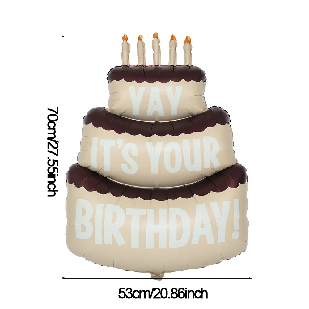 A beige foil balloon shaped like a bear with candles on top, featuring text that reads 'YAY IT'S YOUR BIRTHDAY!'