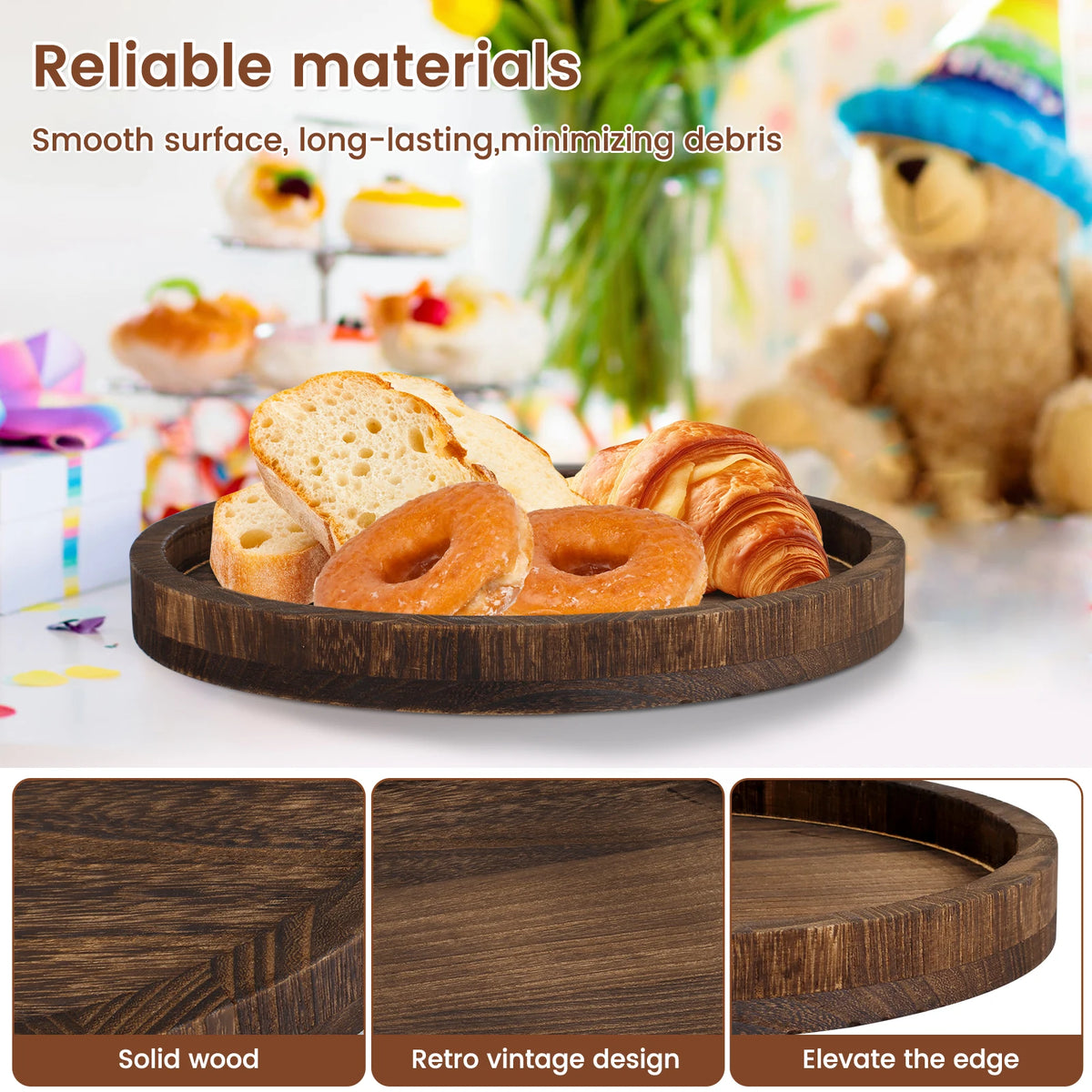 A round wooden serving tray with a natural wood finish, showcasing solid wood, retro vintage design, and an elevated edge.