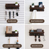 A set of rustic wooden key holder organizers mounted on a white wall in various rooms like the garage, bathroom, laundry room