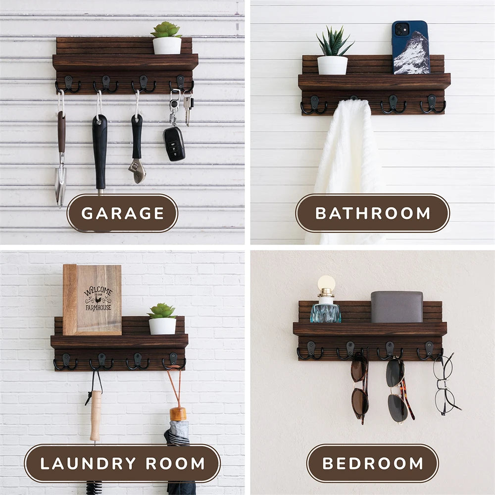 A set of rustic wooden key holder organizers mounted on a white wall in various rooms like the garage, bathroom, laundry room