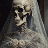A detailed painting of a human skull wearing a white lace veil and adorned with roses.