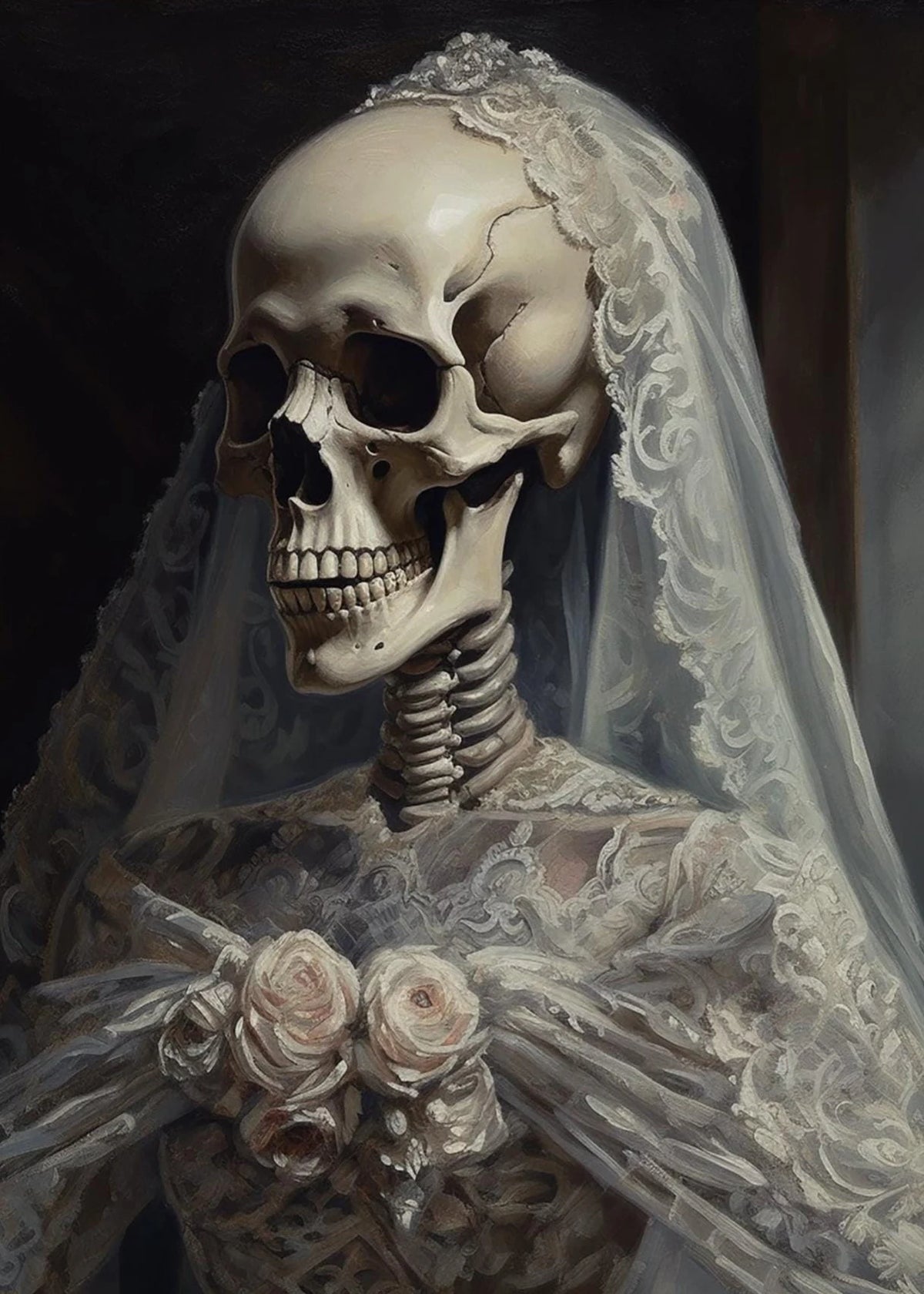 A detailed painting of a human skull wearing a white lace veil and adorned with roses.