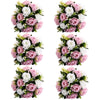 A set of six rose ball centerpieces featuring pink and white silk artificial flowers.