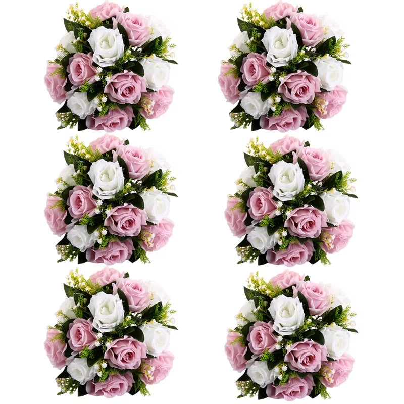 A set of six rose ball centerpieces featuring pink and white silk artificial flowers.