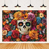 A vibrant Day of the Dead fiesta photo backdrop featuring a colorful floral skull design with roses and butterflies.