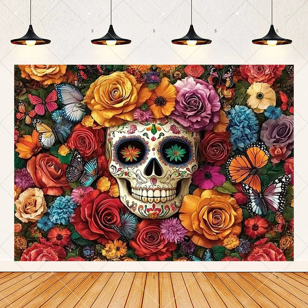 A vibrant Day of the Dead fiesta photo backdrop featuring a colorful floral skull design with roses and butterflies.