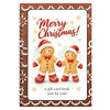 A watercolor illustration of two gingerbread men in Santa outfits on a gift card book cover.