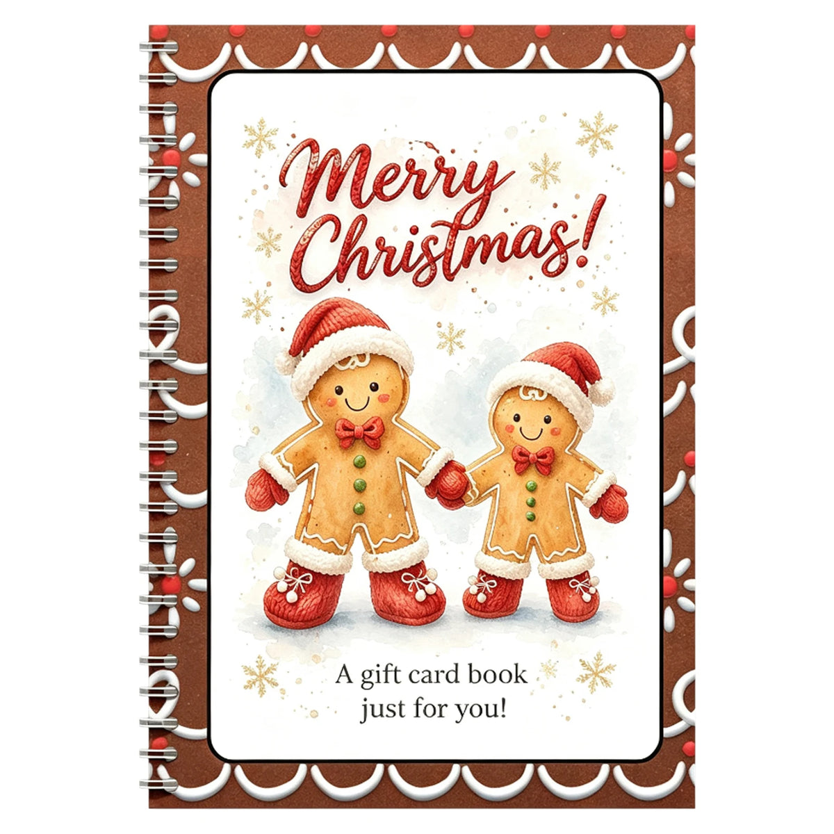 A watercolor illustration of two gingerbread men in Santa outfits on a gift card book cover.
