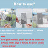 Instructions showing how to use a self-adhesive window screen repair patch to fix holes or tears in a window.