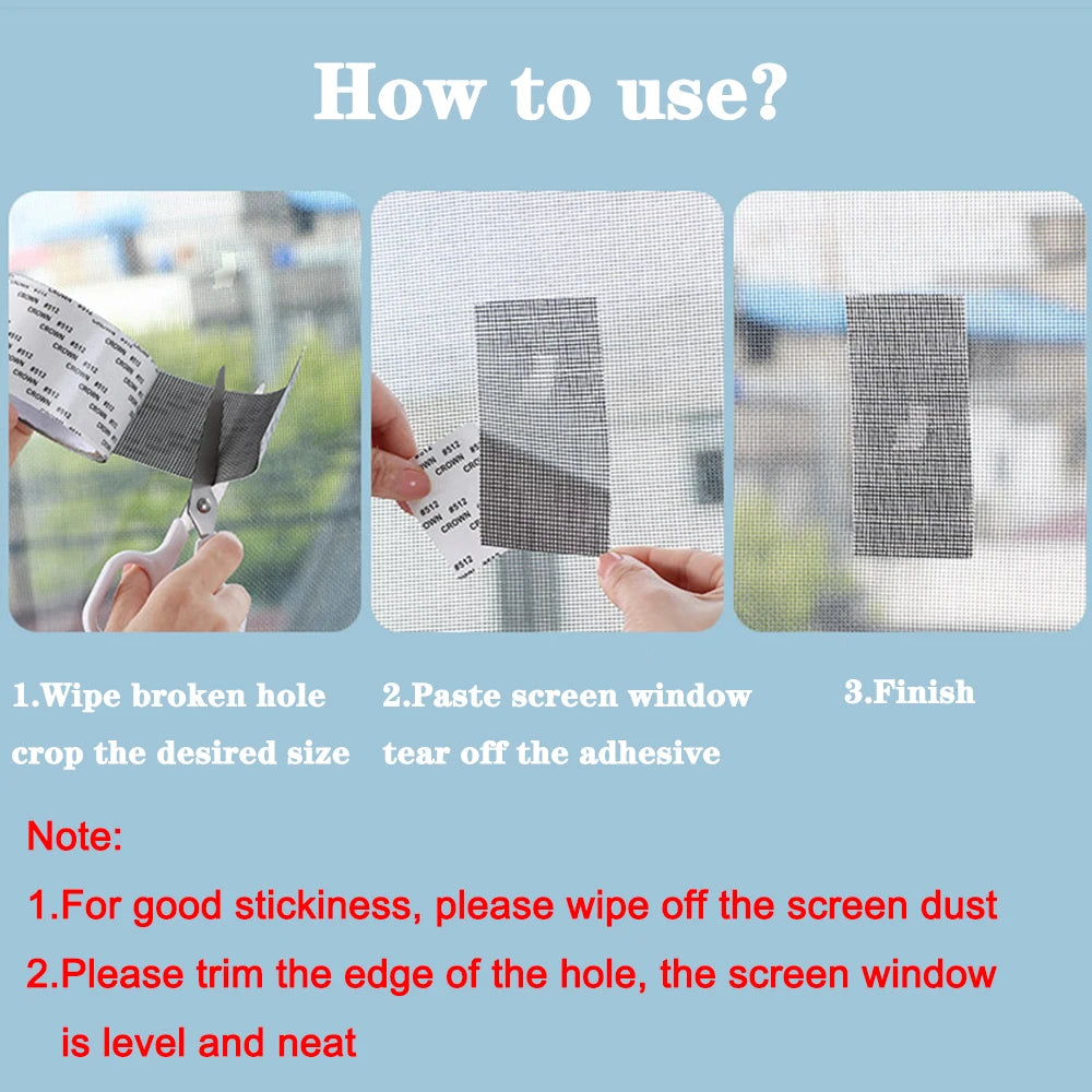 Instructions showing how to use a self-adhesive window screen repair patch to fix holes or tears in a window.