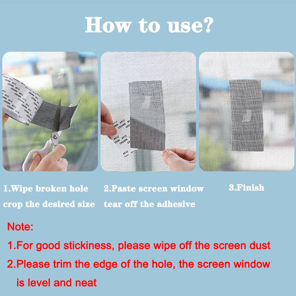 Instructions showing how to use a self-adhesive window screen repair patch to fix holes or tears in a window.