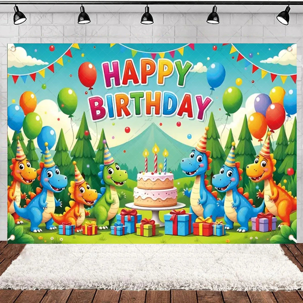 A colorful birthday party backdrop featuring cartoon dinosaurs in a lush green woodland setting with balloons and cake