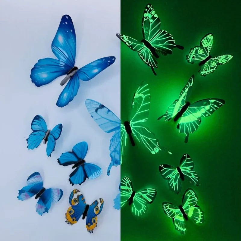 A collection of twelve luminous, iridescent butterfly wall stickers in various shades of blue and green.