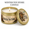 Winter Toy Store candle in a gold tin with a lid and gift box
