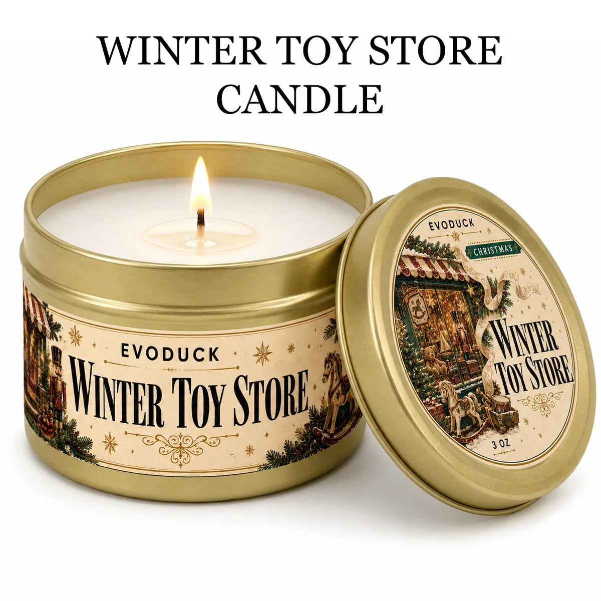 Winter Toy Store candle in a gold tin with a lid and gift box