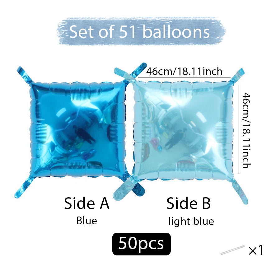 Set of 51 double-sided square foil balloons, Side A blue and Side B light blue.