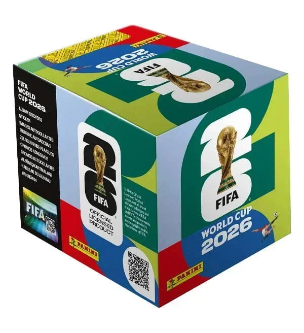 A box of Panini 2026 FIFA World Cup Official Sticker Collection featuring a golden trophy design.