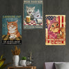A collection of three vintage metal signs featuring cats and funny quotes about coffee, beer, and cat mom.