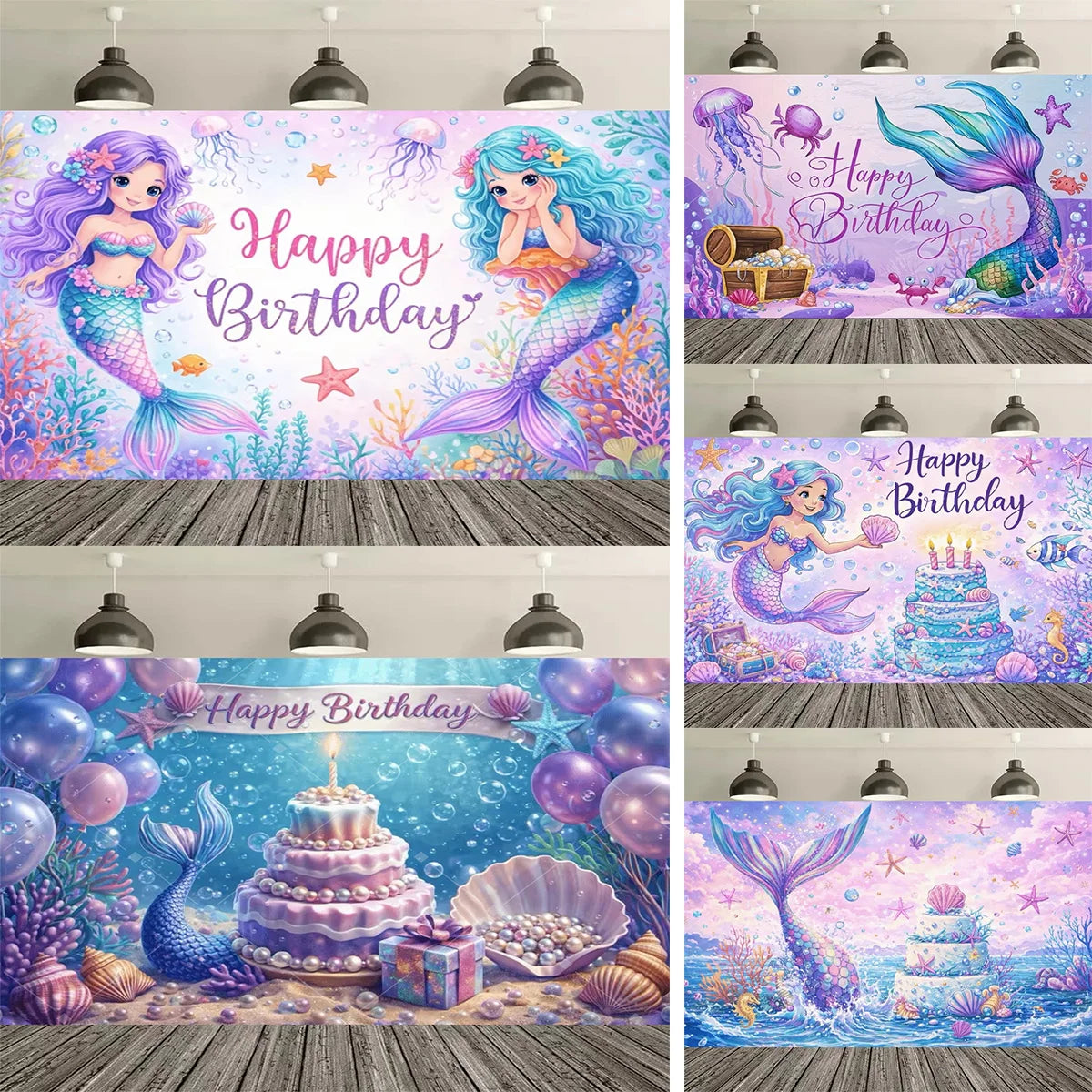 A vibrant mermaid tail birthday backdrop featuring purple and blue scales, sparkling water, and colorful floral accents.
