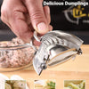 A hand is using a stainless steel dumpling maker to form dumplings, with finished dumplings shown in close-up shots.