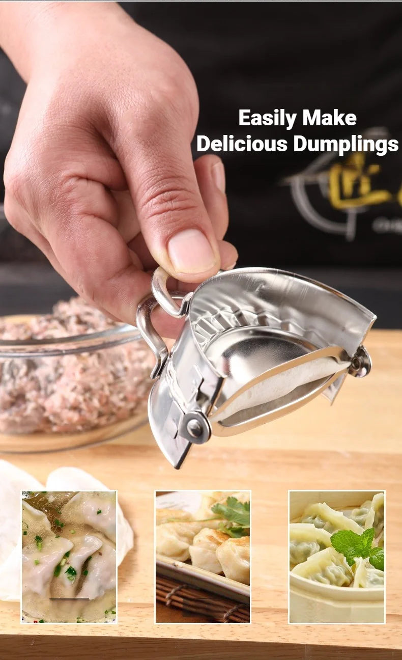 A hand is using a stainless steel dumpling maker to form dumplings, with finished dumplings shown in close-up shots.