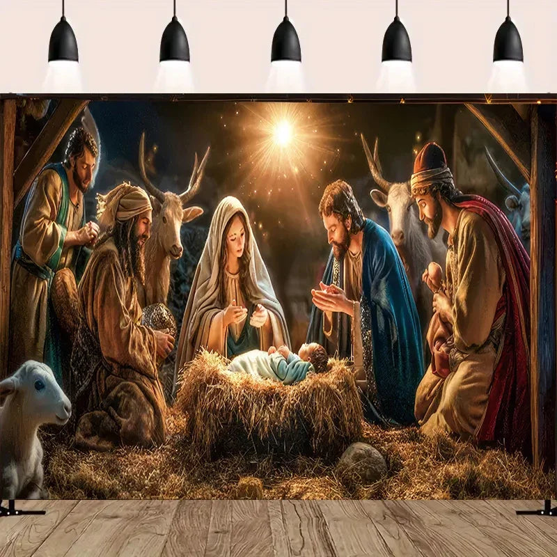 A painting depicting the Nativity scene with Mary, Joseph, and baby Jesus in a manger surrounded by animals.