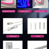 Detail map showing components of a neon wall sign including flexible silicone strip, sturdy acrylic, pre-drilled holes, USB p