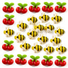 Un set de lindos imanes de nevera navideños con abejas rayadas amarillas y negras sobre fruta roja.