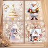Christmas holiday decor featuring festive window clings with Santa and a snowman