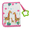 A pink and white patterned fabric pouch for a first year baby photo album featuring giraffe illustrations.