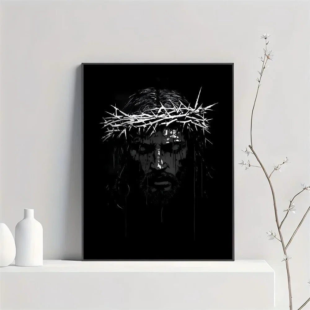 Black canvas wall art featuring a silhouette of a face with a crown of thorns.