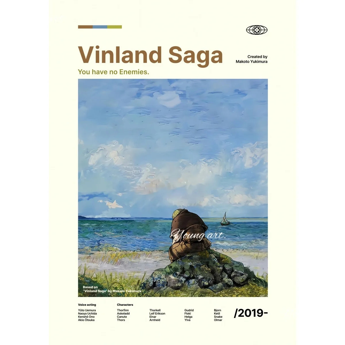 A poster print titled Vinland Saga featuring a landscape with a sky and sea under clouds.