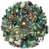 A collection of decorative stickers featuring forest, witchy, and nature-themed elements like plants, candles, books, and mys