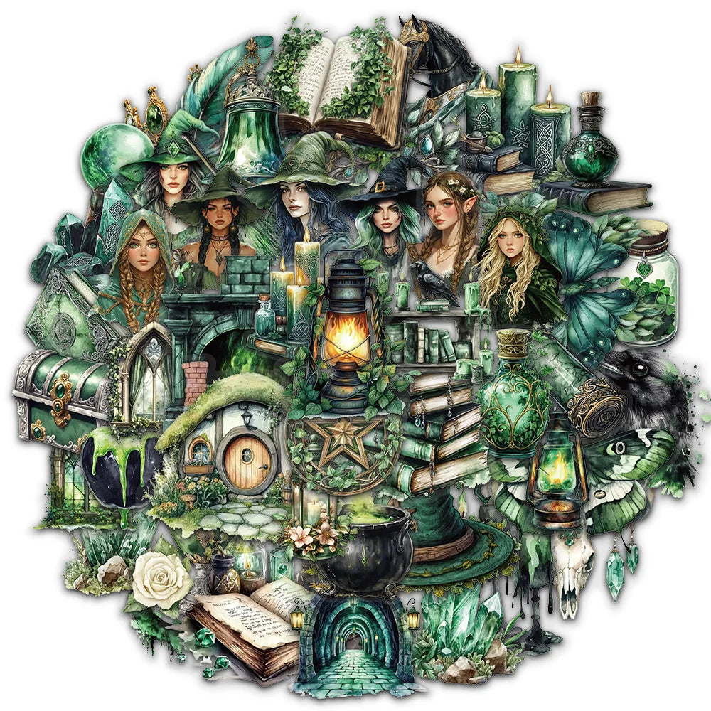 A collection of decorative stickers featuring forest, witchy, and nature-themed elements like plants, candles, books, and mys