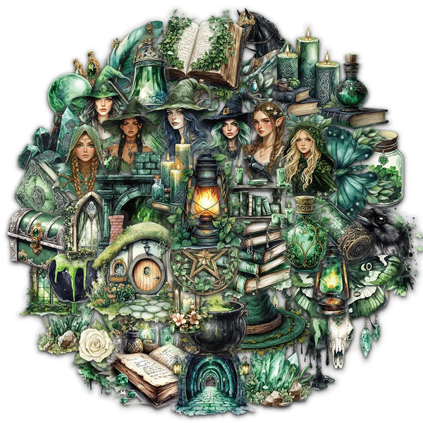 A collection of decorative stickers featuring forest, witchy, and nature-themed elements like plants, candles, books, and mys