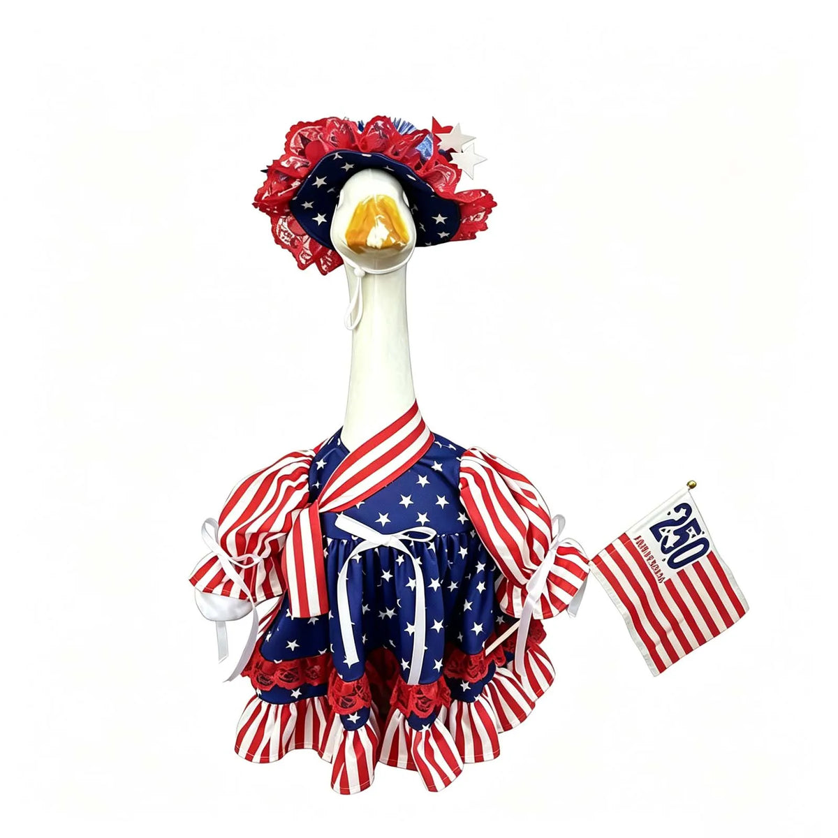 A white goose costume featuring a red, white, and blue patriotic outfit with stars and stripes.