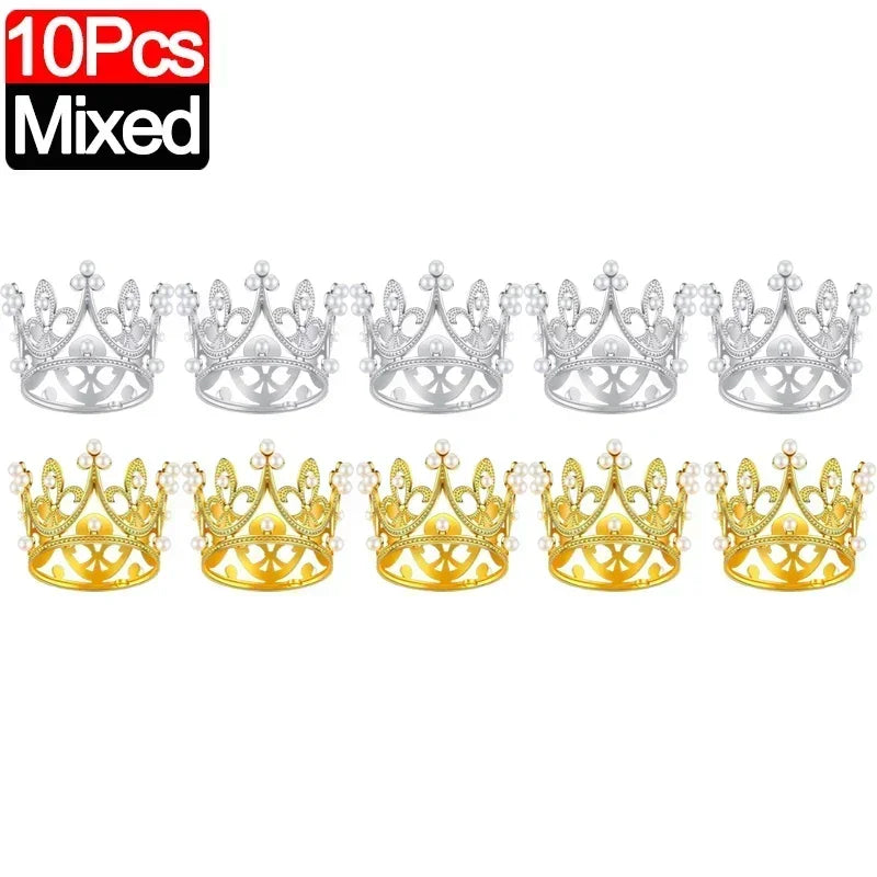 A set of 10 mixed gold and silver crown cake topper decorations.