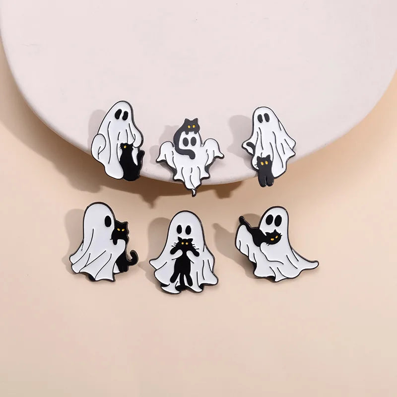 Halloween Enamel Pins Set - Cute Ghost, Black Cat, and Pumpkin Brooches for Kids