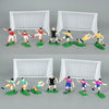 A set of football birthday cake toppers featuring soccer players and field decor, including a goal net and various figures.