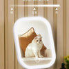 A white LED touch makeup mirror is shown illuminating a cat sitting in front of it, demonstrating three light modes: Off, Nor