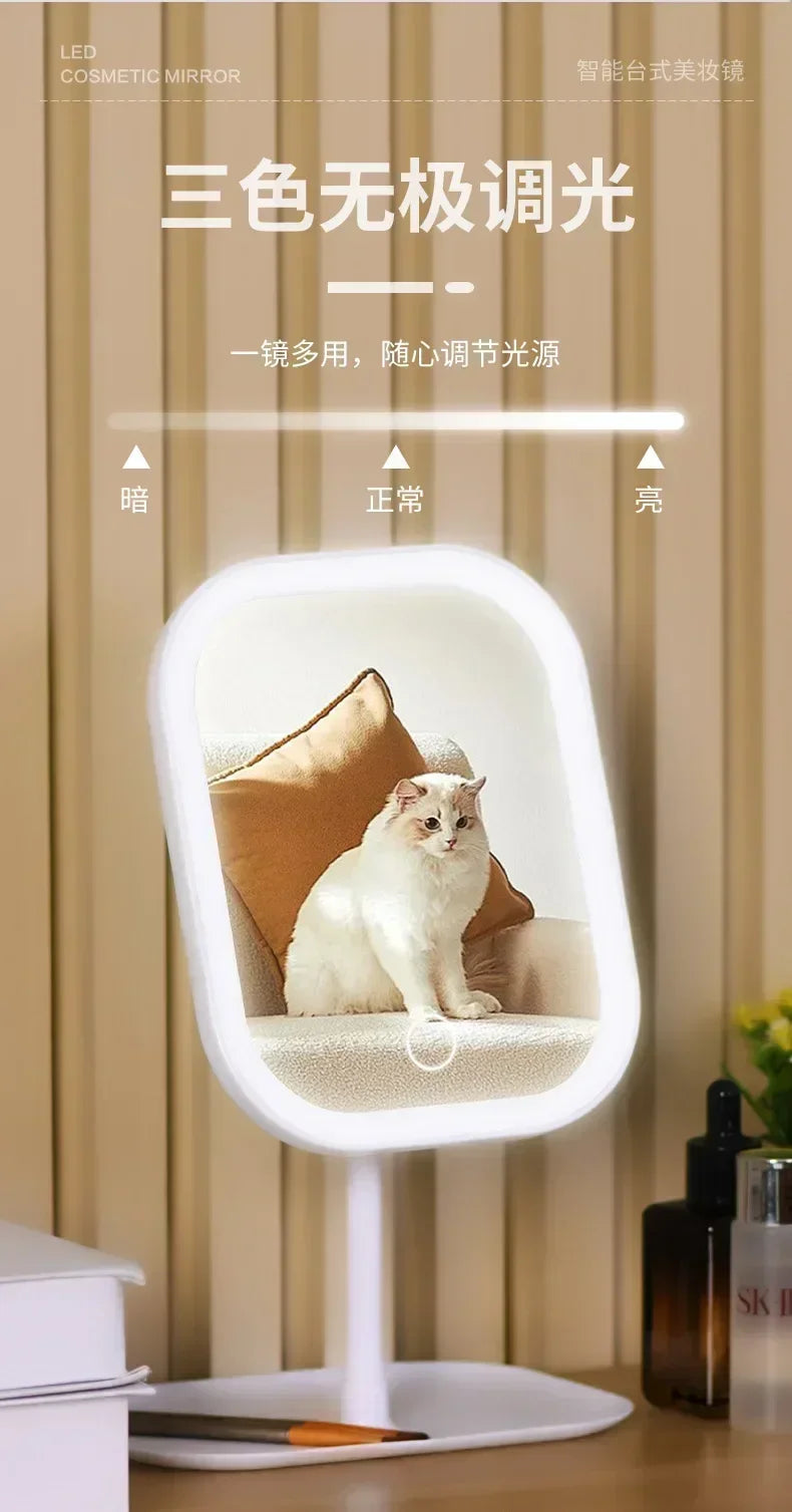 A white LED touch makeup mirror is shown illuminating a cat sitting in front of it, demonstrating three light modes: Off, Nor