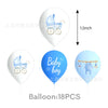 A set of 18 aluminum foil baby bottle balloons for baby shower decor, including a blue baby boy theme.