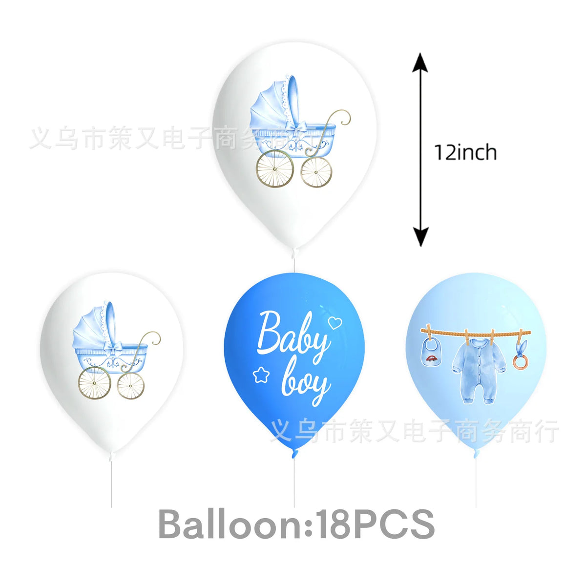A set of 18 aluminum foil baby bottle balloons for baby shower decor, including a blue baby boy theme.