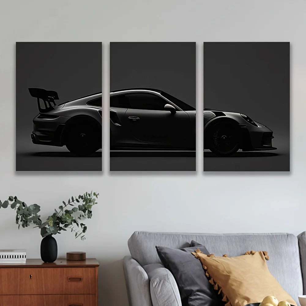 Three panels of black sports car silhouette wall art featuring a sleek, low-profile vehicle.