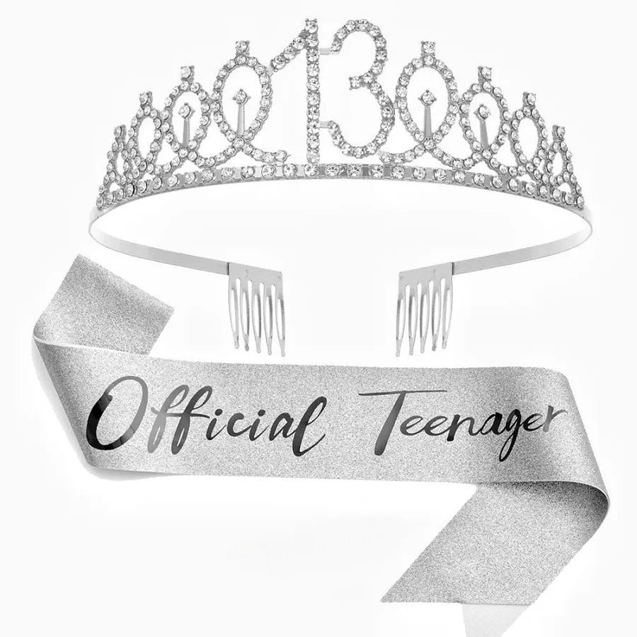 Silver rhinestone birthday crown and glitter sash set with a sparkling crown and ribbon