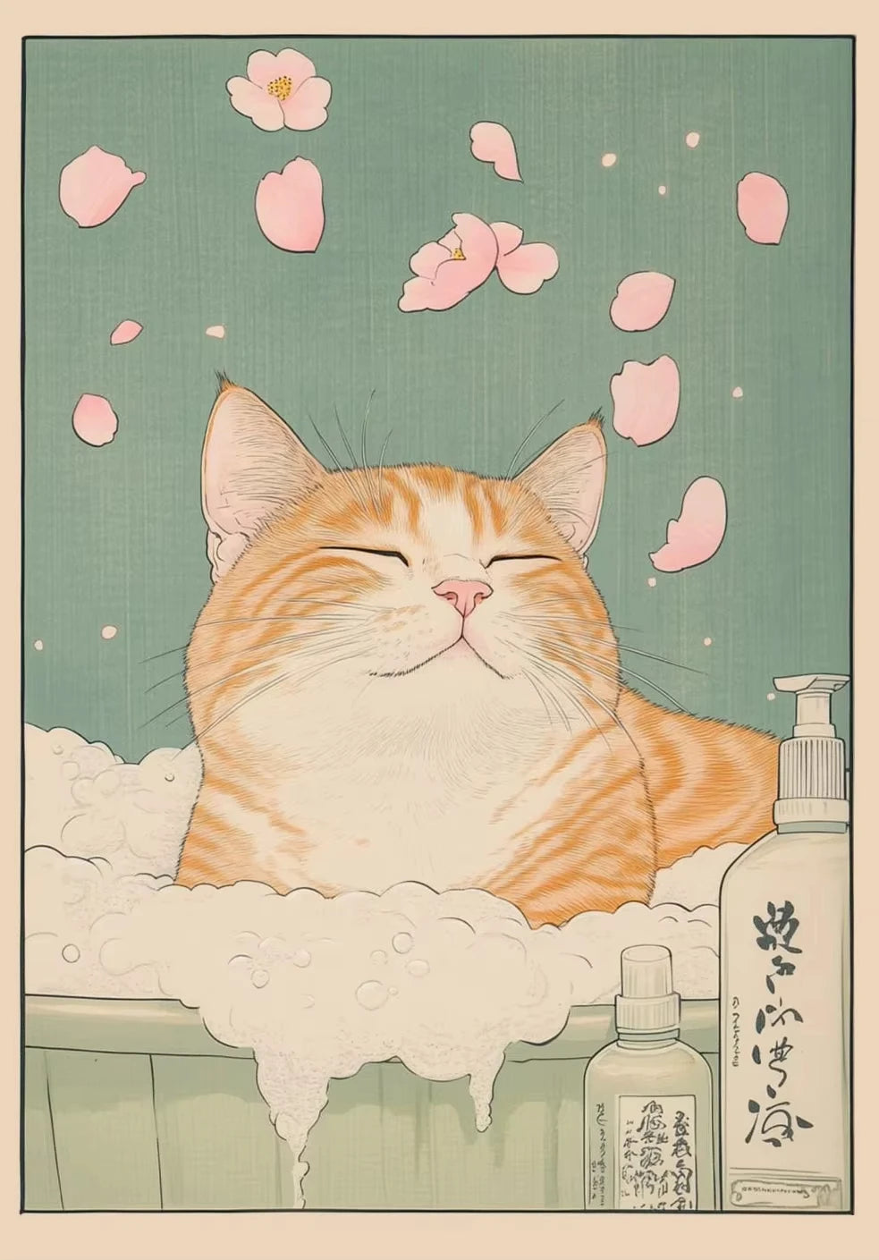 A fluffy orange tabby cat is relaxing in a bath of foam surrounded by pink cherry blossoms.