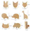 A collection of decorative wooden animal hooks, including a rabbit, elephant, giraffe, and hedgehog.
