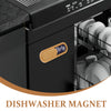 A dishwasher magnet with a wooden tag indicating dirty dishes on the door of a dishwasher.