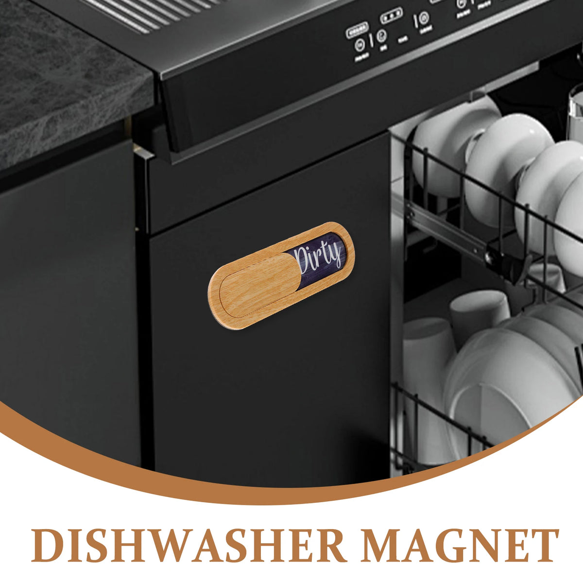 A dishwasher magnet with a wooden tag indicating dirty dishes on the door of a dishwasher.